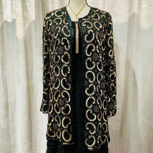 VINTAGE Gold Sequin Kimono Coat Lightweight - Picture 1 of 9